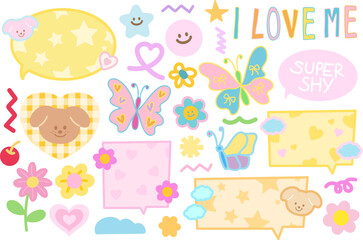 Pastel illustrations of butterfly, puppy, cherry, flowers, heart, star, SUPER SHY letters, text bubbles for animal, pet shop, pet hotel, summer break, floral print, back to school, blossom elements