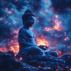 A serene Buddha statue meditating against a cosmic, starry background, symbolizing peace, spirituality, and inner calm.