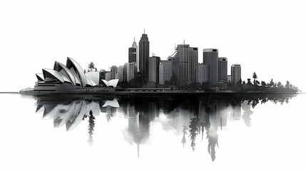 Fototapeta premium A black and white silhouette of the Sydney skyline with the Opera House in the foreground and reflections in the water.