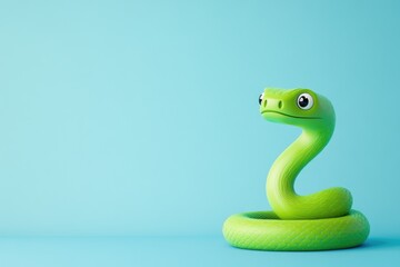 Fototapeta premium Playful Wooden Green Snake Figurine on Vibrant Blue Background - Perfect for Children's Decor or Toy Design