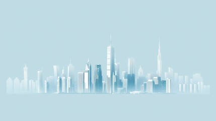 Naklejka premium Futuristic city skyline with tall buildings in soft blue colors against a light blue background