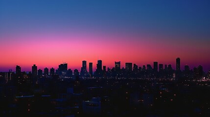 Fototapeta premium A panoramic shot of a city waking up to the dawn, captured from a high vantage point, where the skyline is silhouetted against a gradient sky of pink, orange, and blue