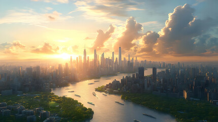 Naklejka premium A breathtaking aerial view of a bustling city at sunset with skyscrapers, a river, and fluffy clouds.
