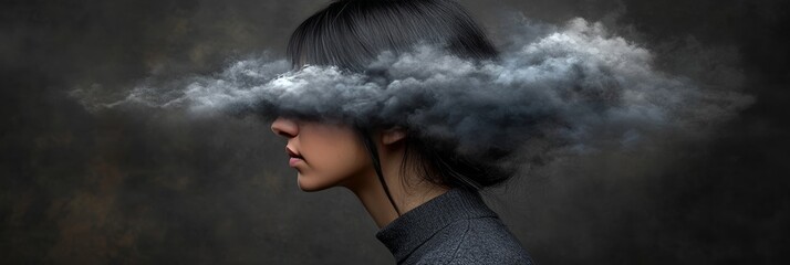 Obraz premium Portrait Of Young Woman With Cloud Covering Her Eyes, Conveying Mental Health Issues.