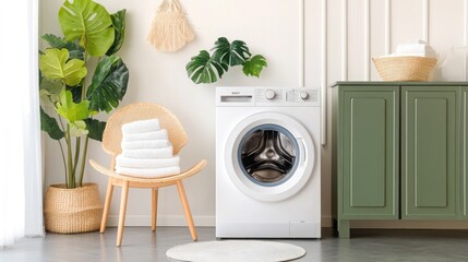 A modern washing machine stands in a stylish laundry room adorned with green cabinets and plants, creating a fresh and harmonious atmosphere bathed in natural light