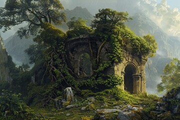Obraz premium A panoramic view of an ancient Cyclopean structure amidst a lush, verdant landscape, with ivy and roots intertwining with the stone, conveying a sense of timelessness and harmony with nature