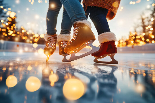 Couple ice skating together at an outdoor Christmas rink, with holiday lights and decorations illuminating the evening sky