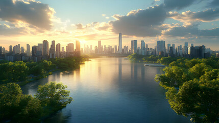 Fototapeta premium A breathtaking aerial view of a modern city skyline at sunset