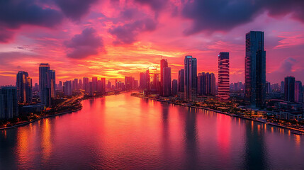 Fototapeta premium A breathtaking aerial view of a modern city skyline at sunset, with vibrant pink and purple hues illuminating the clouds and reflecting on the water.