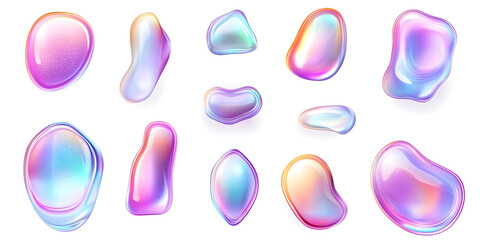 Collection of 3D holographic liquid bubbles with iridescent effects, on a white backdrop
