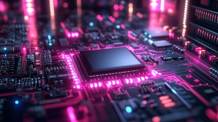 Obraz premium Close-Up of Futuristic Circuit Board with Neon Lights