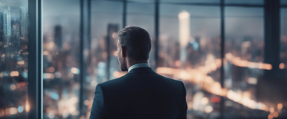 Businessman gazes out over the cityscape from a modern office using a futuristic digital interface