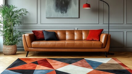 contemporary home banner showcasing a geometric print carpet beneath a leather sofa in a minimalist interior design