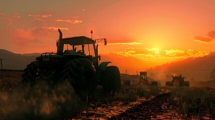 Fototapeta premium An excavation tractor against a backdrop of the rising sunset