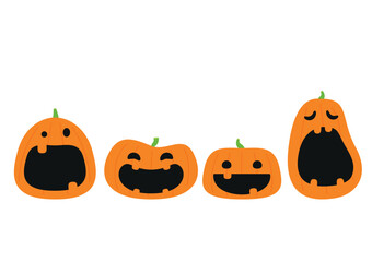 Pumpkin head set. Cute and scary Halloween pumpkin monster set. Holidays cartoon character in flat style collection.