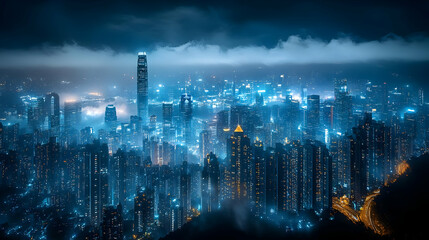 A breathtaking night view of a city skyline with skyscrapers illuminated by lights, shrouded in fog and clouds.