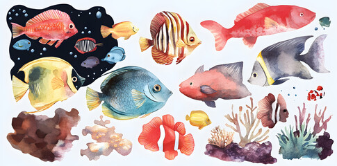 Group of coral reef fish, isolated on plain white