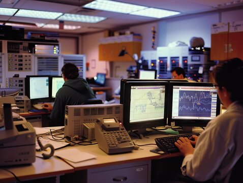 linguistics laboratory where researchers are conducting a comparative analysis of phonetic and lexical similarities among Nostratic languages. The lab is equipped with computers displaying complex 