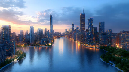 Obraz premium A breathtaking panoramic view of a modern city skyline at sunset, with the cityscape reflected in the calm waters of a river.