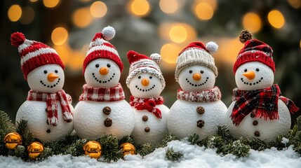 Adorable Snowman Family in Christmas Hats