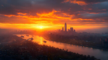 Naklejka premium A breathtaking sunrise casts a warm glow over a cityscape, with a river snaking through the urban landscape.