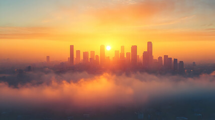 Fototapeta premium A breathtaking sunrise over a city skyline with clouds in the foreground and sunbeams reaching through the clouds.