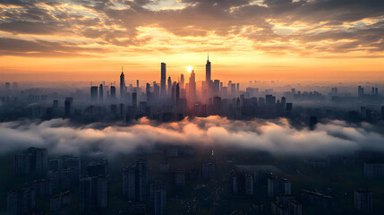 Fototapeta premium A breathtaking sunrise over a city skyline with clouds beneath.