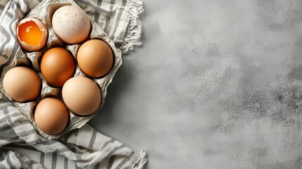 Farm Fresh Brown Chicken Eggs in a Cardboard Carton on a Rustic Towel With One Broken.