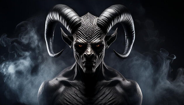 Scary demonic figure with twisting ram horns, black horned demon in smoke on dark. Spooky monster - Powered by Adobe
