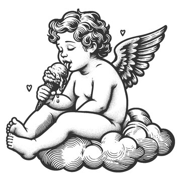 recommend clip art: Adorable cherub cupid sitting on cloud, enjoying melting ice cream cone, whimsical and playful scene sketch engraving generative ai raster illustration. Scratch board imitation. Black and white image