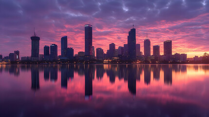 Fototapeta premium A breathtaking sunrise paints the sky over a city skyline reflected in a calm lake.