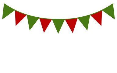 Fototapeta premium Ribbon with Christmas flags isolated on transparent and white background. Garland with triangular red and green flags on rope for the new year. Vector illustration. Close-up element for holiday design
