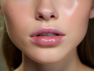 Fototapeta premium Close-up shot of shiny pink lips and smooth, glowing skin, emphasizing the natural beauty and focus on skincare and lip care with soft, flattering light.