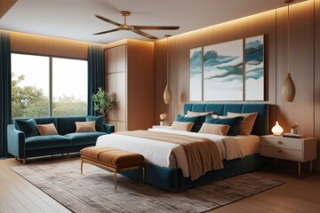 Fototapeta premium Modern Bedroom 3D Render Featuring Tranquil Decor and Cozy Atmosphere