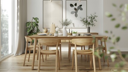 Minimalistic brown white modern dining room with wood table and chairs and potted plants, japandi, interior design, HD, background banner naturalistic design eco friendly 