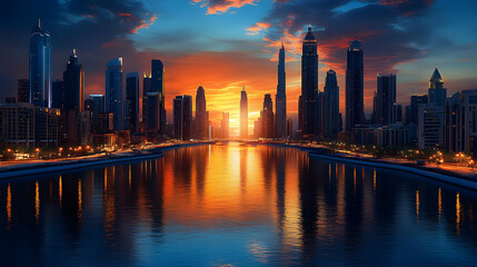 Fototapeta premium A breathtaking sunset over a modern city skyline with a reflecting water.