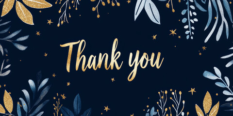A glittery gold "Thank you" message surrounded by elegant golden leaves and stars on a dark navy blue background, conveying luxury and celebration.
