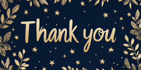 A glittery gold "Thank you" message surrounded by elegant golden leaves and stars on a dark navy blue background, conveying luxury and celebration.
