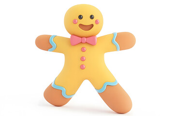 Gingerbread man cookie in 3D cartoon form, isolated on a white surface