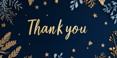 A glittery gold "Thank you" message surrounded by elegant golden leaves and stars on a dark navy blue background, conveying luxury and celebration.
