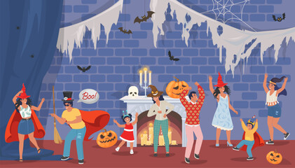 Happy people enjoying halloween party celebration scene vector illustration. Family with cheerful parents and children characters wearing costume dancing in room decorated with spooky ornaments