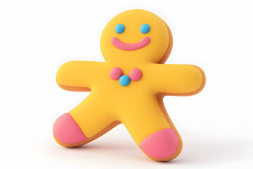 Three-dimensional gingerbread man cookie in a cartoon style, set against a white background