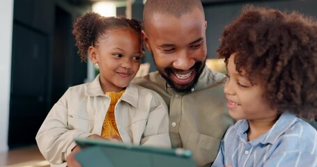Father, children and tablet for e learning, online cartoon streaming and internet gaming for black family bonding together. Man, kids and film watch at home with connection, subscription and smile - Powered by Adobe