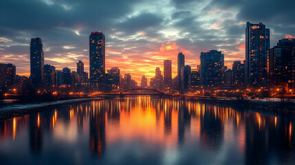 Fototapeta premium A breathtaking view of a city skyline at sunset, with the sun reflecting off the calm water and illuminating the buildings.