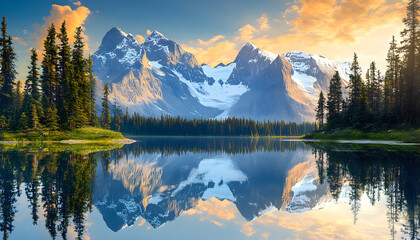 Nature Bliss: A serene mountain landscape with a lake reflecting the snowy peaks at sunrise