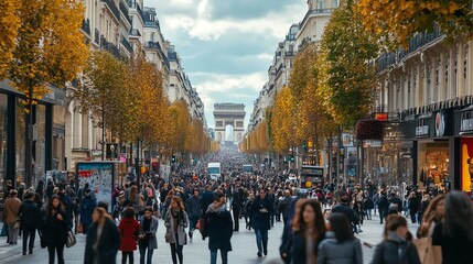 A busy street in Paris, France with people walking and shopping.