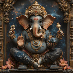 Fototapeta premium An ornate statue of Ganesha, the Hindu deity, set against a cosmic backdrop, symbolizing wisdom, prosperity, and new beginnings.