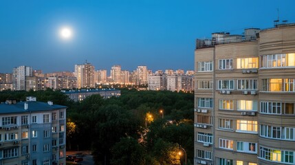 Fototapeta premium The full moon casts a soft glow over an apartment building, showcasing large windows that reveal the beauty of a modern city illuminated at night