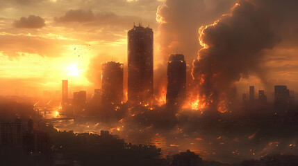Fototapeta premium A burning city skyline at sunset, with smoke billowing from the tall buildings in the distance. The sun is setting in the background, casting an orange glow over the scene.