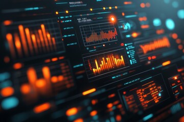 Futuristic Technology Background, Glowing Digital Interface With Charts, Graphs, And Data Analysis.
